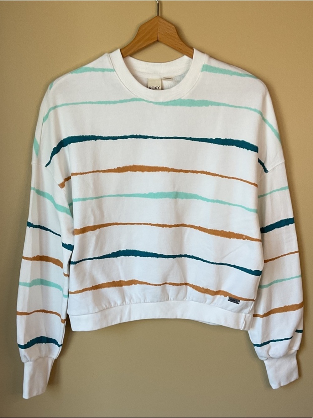 Roxy White Striped Sweatshirt with Teal & Tan Accents Size S